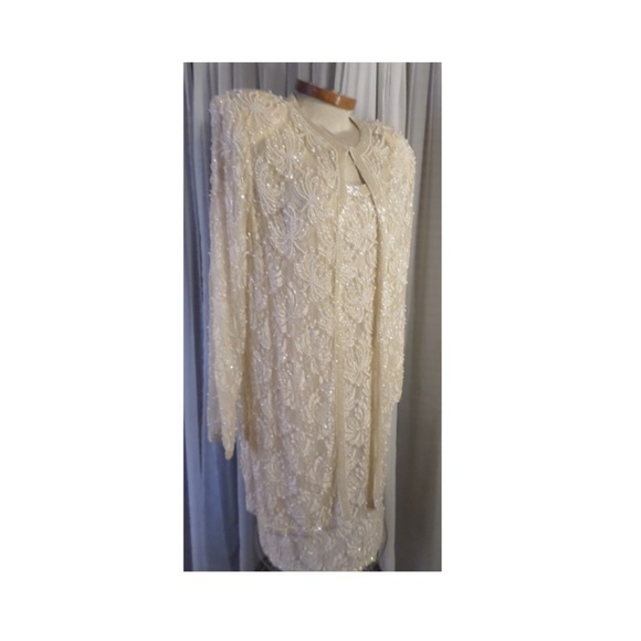 Lady XL Cream Formal Dress Jacket Set Bead Sequin - Picture 4 of 8